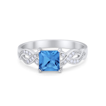 Solitaire Infinity Shank Ring Princess Cut Simulated Blue Topaz CZ 925 Sterling Silver
